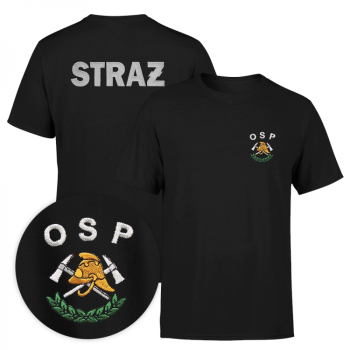 Koszulka czarna strażacka z wyhaftowanym logo OSP oraz napisem STRAŻ