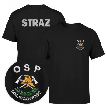 Koszulka czarna strażacka z wyhaftowanym logo OSP i nazwą miejscowości oraz napisem STRAŻ