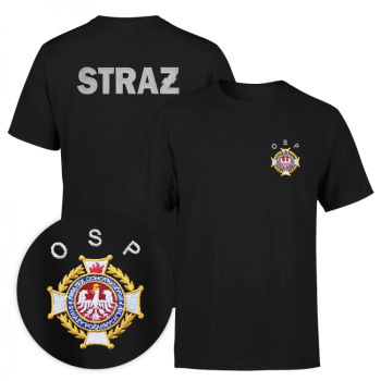 Koszulka strażacka z wyhaftowanym logo związku OSP oraz napisem STRAŻ - czarna