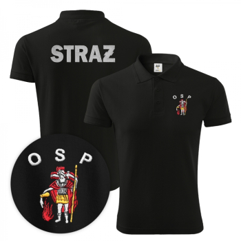 Koszulka polo z wyhaftowanym logo OSP (florian) oraz napisem STRAŻ.