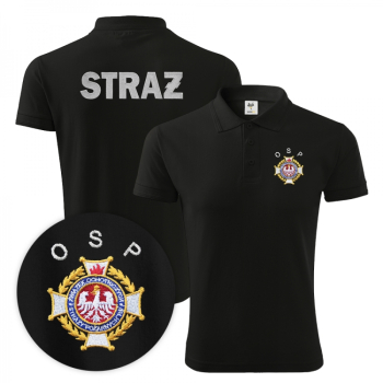 Koszulka strażacka polo z wyhaftowanym logo związku OSP oraz napisem STRAŻ - czarna
